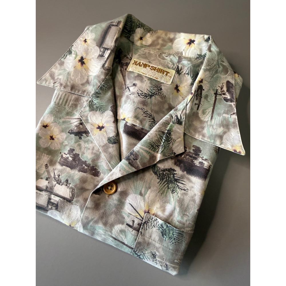 Hamp Shirt Military Tank Helicopter Tropical Floral Camp Shirt Sage Green Mens